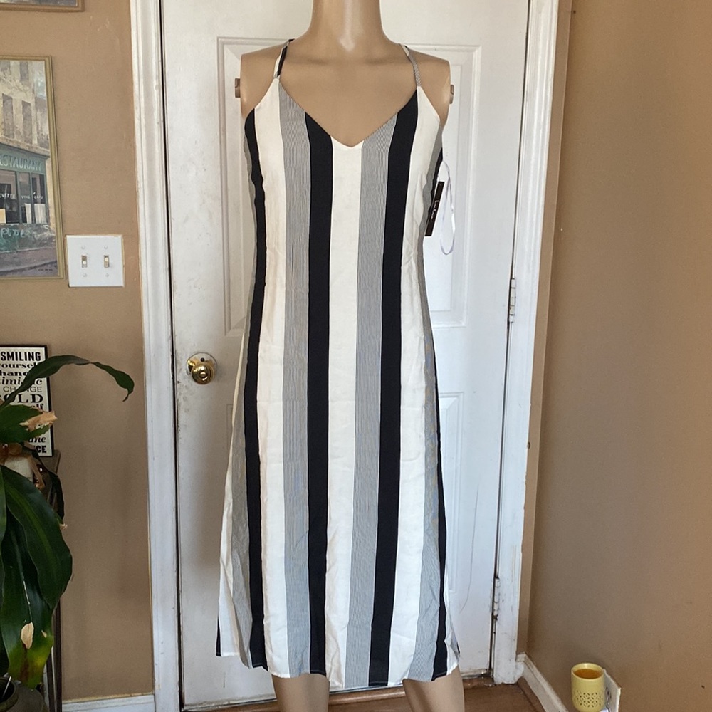 Lulu's Black and White Striped Back-Tie Midi Dress